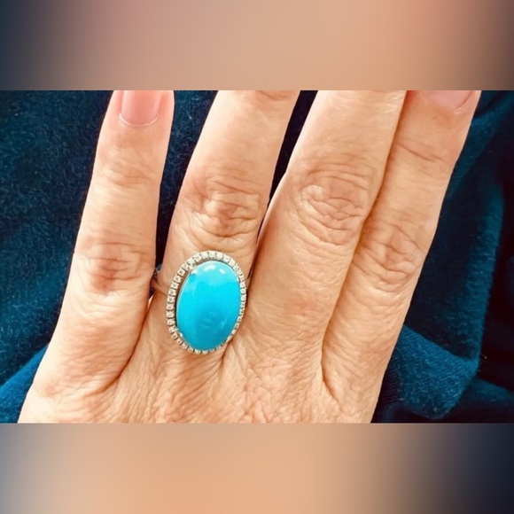 NEW Beautiful Sleeping Beauty Blue Turquoise & diamond Platinum Ring sizable - Picture 3 of 5